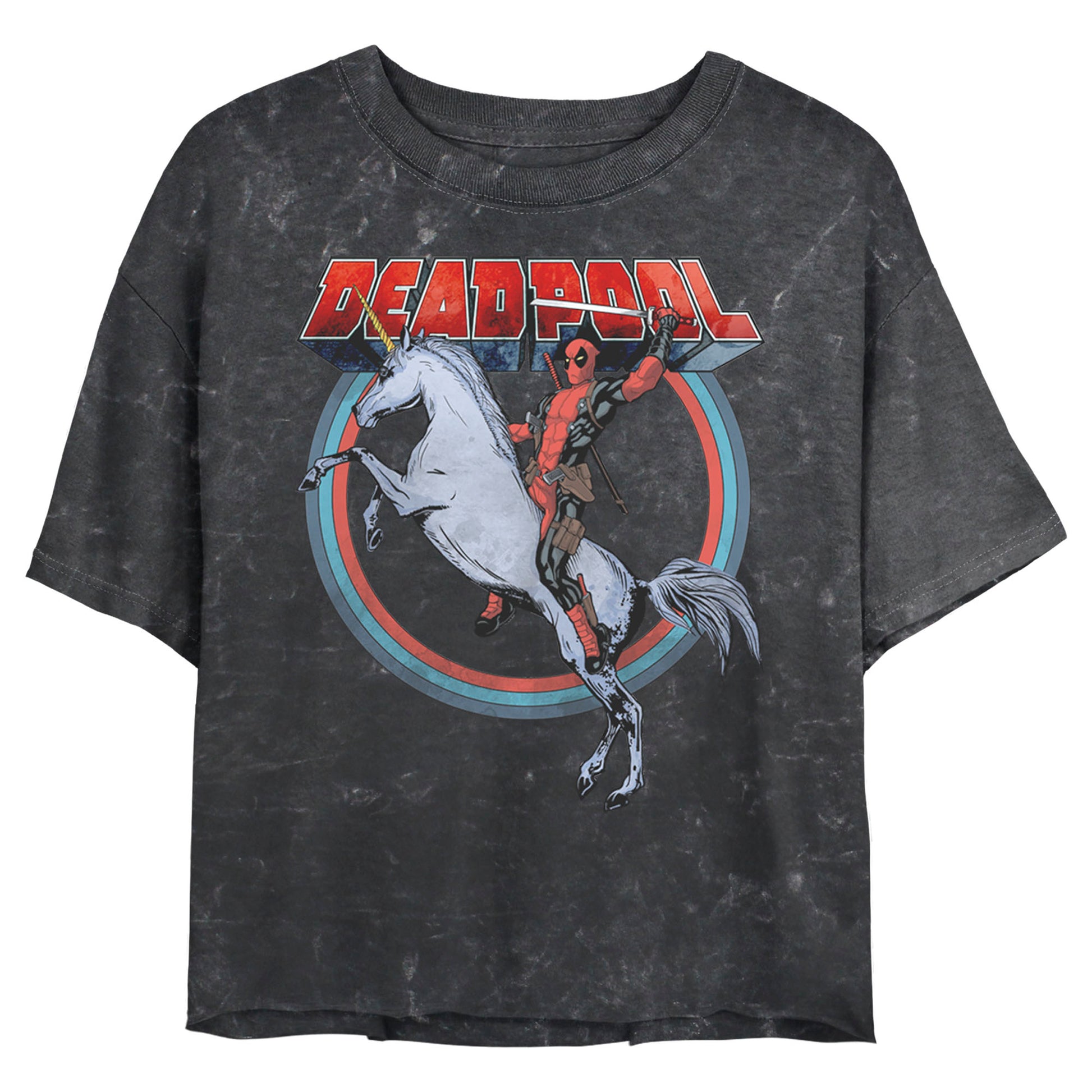 Junior's Marvel Deadpool On Unicorn Mineral Wash Crop Top